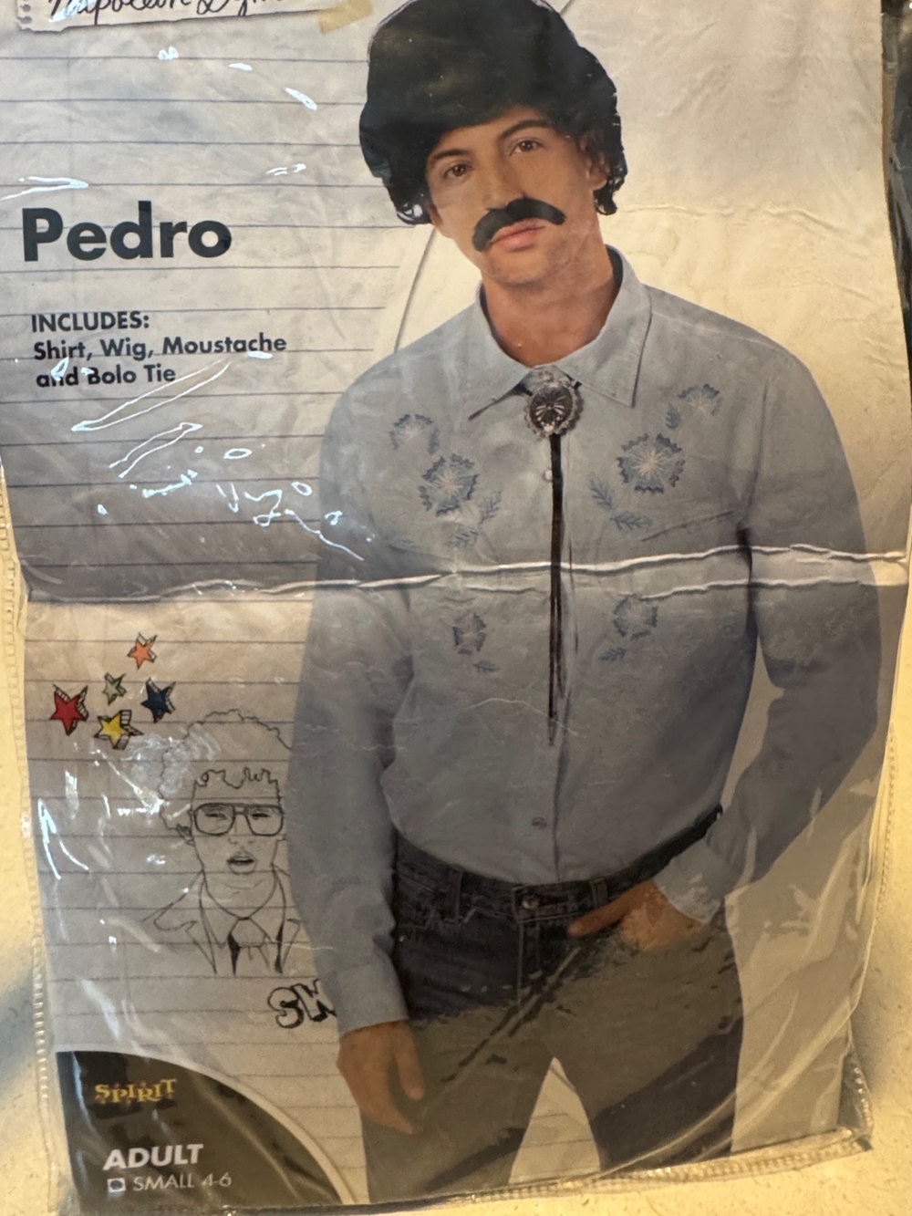 Spirit Pedro Costume Light Blue Shirt with Black Wig and Mustache